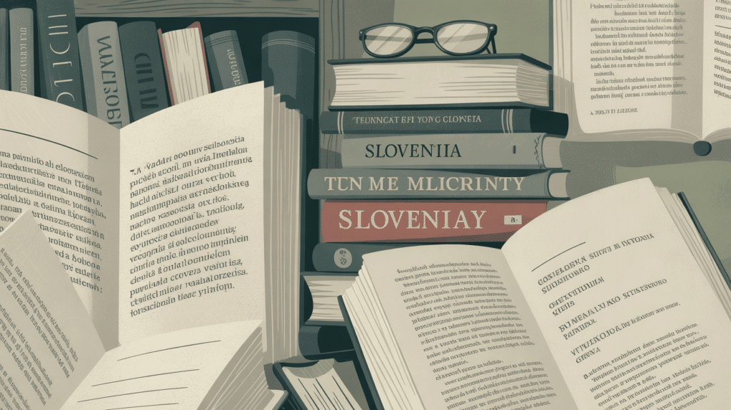 Najbolj brane knjige v Sloveniji 2015-2025 — odprte knjige in knjižna polica v editorial stilu