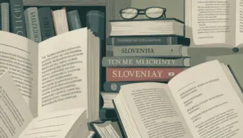 Najbolj brane knjige v Sloveniji 2015-2025 — odprte knjige in knjižna polica v editorial stilu